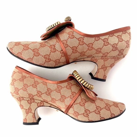 GUCCI || Rare GG Torchon Logo Canvas Monogram Pumps Copper Trim Heels EU 40 - Picture 3 of 16